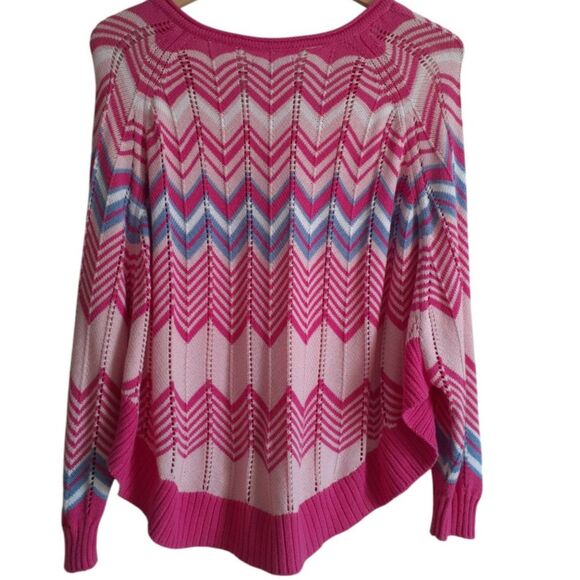 Burgess V-Neck Pom CottnSilk Blend Pink Blue Chevron Knit Poncho Sweater NWT $70 - Picture 4 of 16